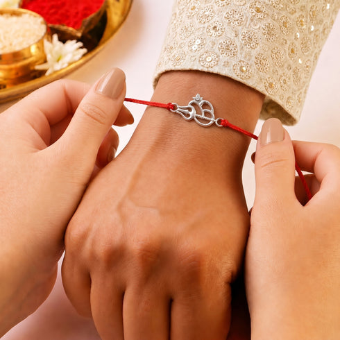 Zarkan Precious Silver OM Trishul Rakhi With Roli Chawal