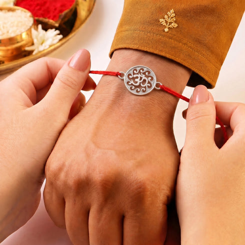Zarkan Precious Silver OM Rakhi For Brother With Roli Chawal