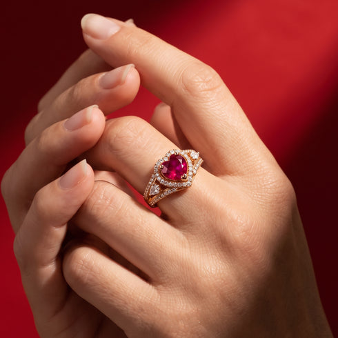 Hallmark Silver Rose Gold Ruby Diamond Cut Heart Pure Ring