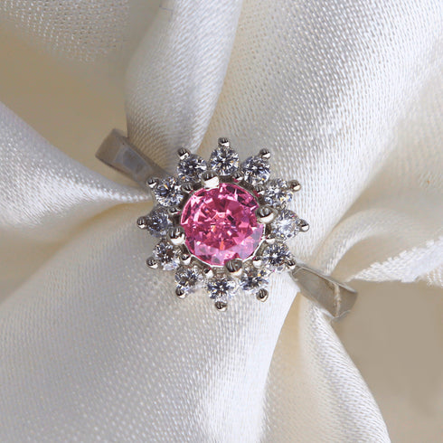 Flower Shaped Pink Crystal Adjustable 925 Silver Ring