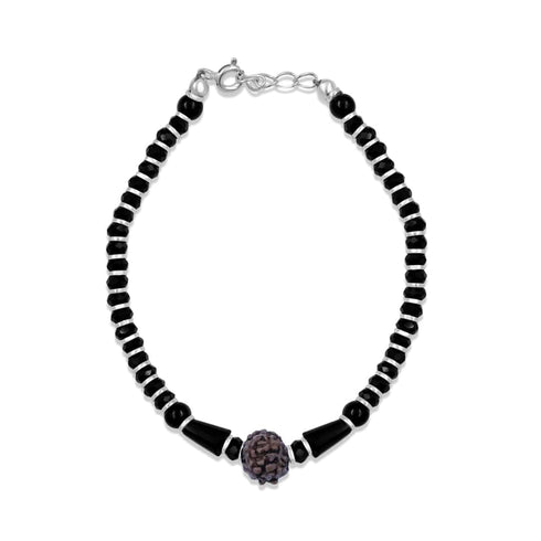 Zarkan 925 Silver Black Long Bead Nazariya Bracelet With Rudraksha