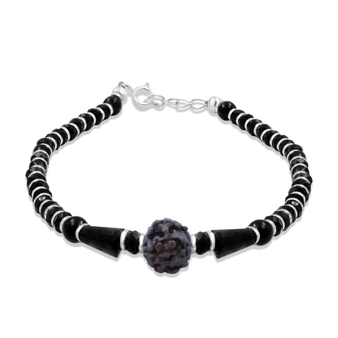 Zarkan 925 Silver Black Long Bead Nazariya Bracelet With Rudraksha