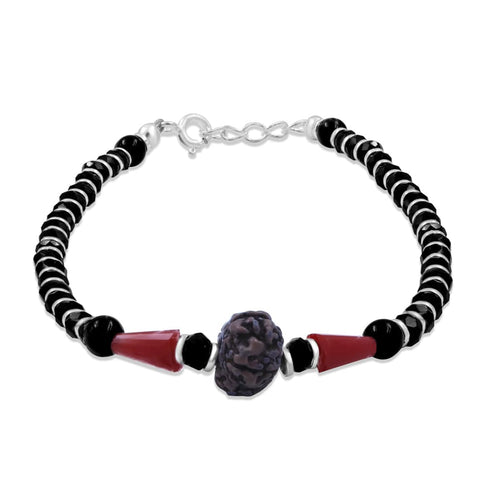 Zarkan 925 Silver Red Long Bead Nazariya Bracelet With Rudraksha