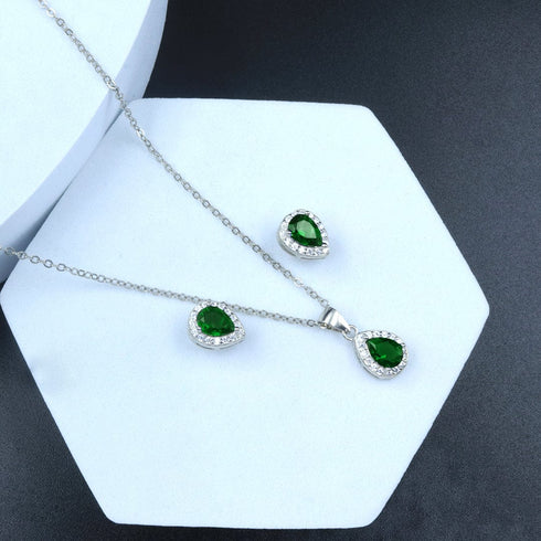 Zarkan Water Drop Green Silver Jewelry Set