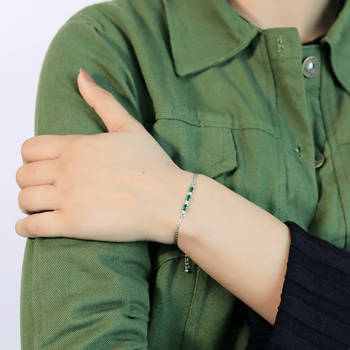 Zarkan Green Checkered Linear Silver Bracelet