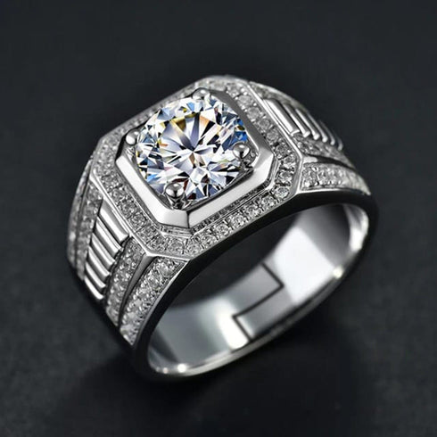 Hallmarked Elegant Silver Ring With Classic Diamond For Men