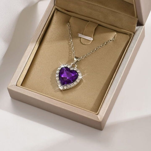 Hallmarked Silver Purple Heart Pendant With Chain