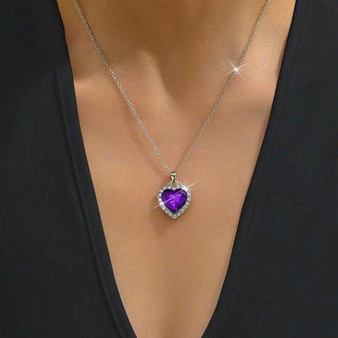 Hallmarked Silver Purple Heart Pendant With Chain