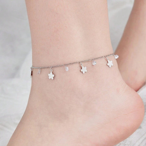 Hallmark Silver Floral Zirconia Cubic Pair Anklet