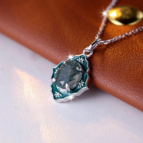 Hallmarked Silver Emerald Vintage Meena Pendant With Chain