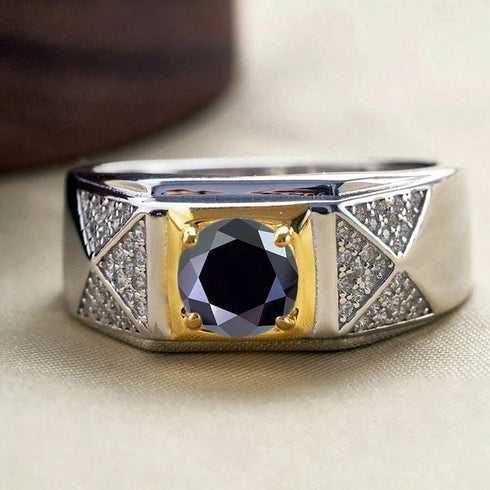 Hallmarked Two Tone Silver Ring With Black Diamond For Men