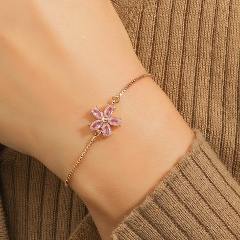 Hallmark Silver Pink Flower American Diamond Gold Plated Bracelet