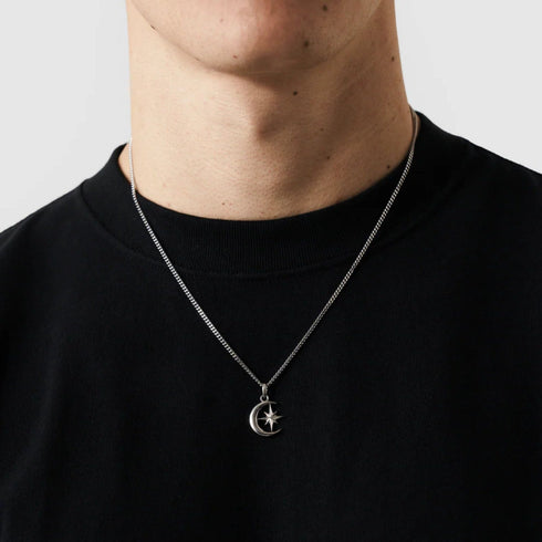 Hallmark Silver Moon & Star Men Pendant Cuban Chain