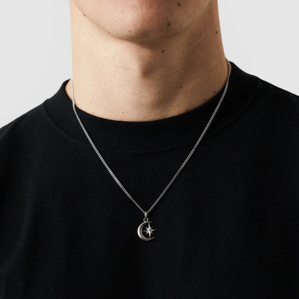 Hallmark Silver Moon & Star Men Pendant Cuban Chain