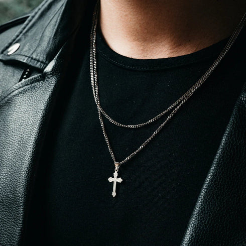 Hallmark Silver Micro Vintage Cross Men Pendant Cuban Chain