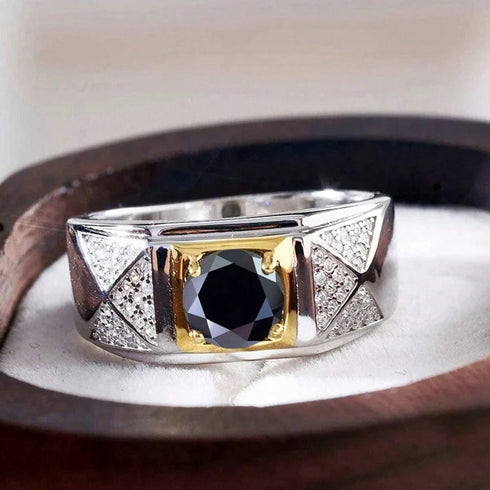 Hallmarked Two Tone Silver Ring With Black Diamond For Men