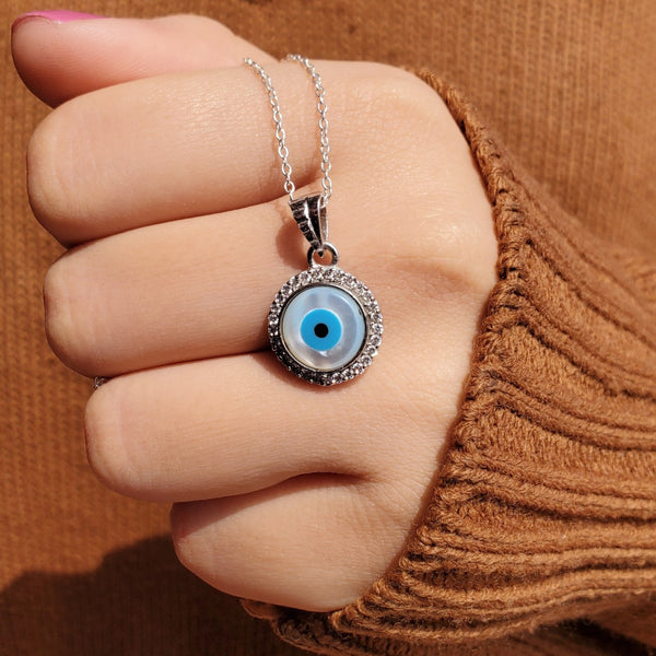 Zarkan 925 Silver Evil Eye Circle Pendant With Link Chain