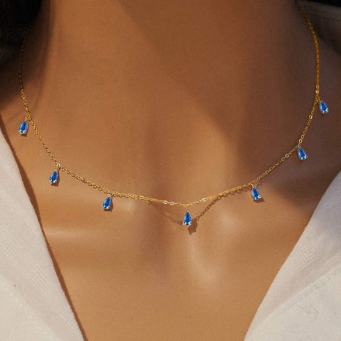 Hallmarked Silver Sapphire Drop Gold Necklace With Link Chain