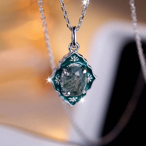 Hallmarked Silver Emerald Vintage Meena Pendant With Chain