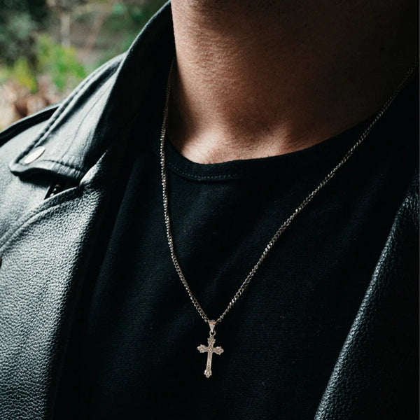 Hallmark Silver Micro Vintage Cross Men Pendant Cuban Chain