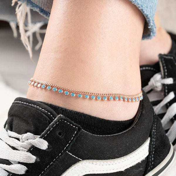 Hallmark Silver Rose Gold Plated Turquoise Stone Pair Anklet