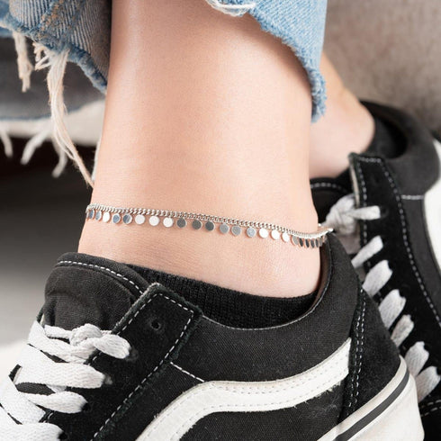 Hallmark Silver Gurmet Chain Round Sequin Pair Anklet