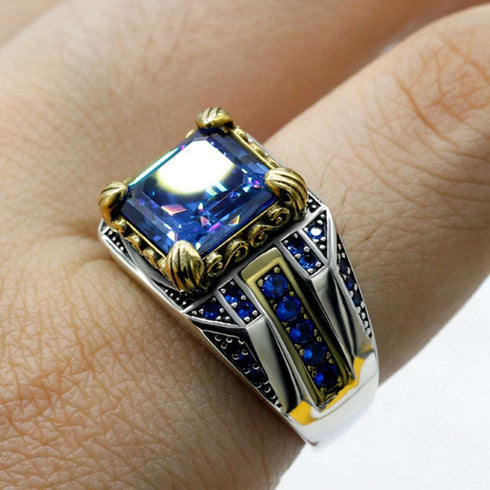 Hallmarked Vintage Silver Sapphire Stone Ring For Men
