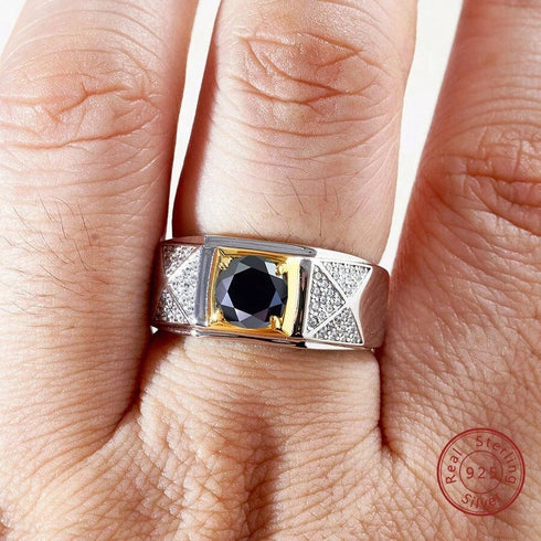 Hallmarked Two Tone Silver Ring With Black Diamond For Men