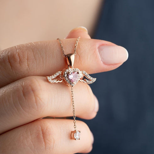 Hallmark Silver Rose Gold Plated Pink Winged Heart Necklace