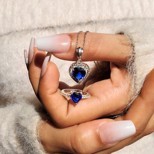 Hallmark Silver Timeless Heart & Sapphire Ring And Pendant Set