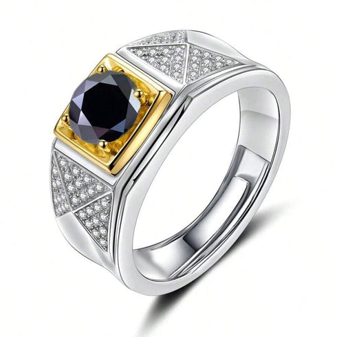Hallmarked Two Tone Silver Ring With Black Diamond For Men