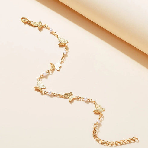 Hallmark Silver Fashionable Butterfly & Pearl Design Gold Plated Anklet For Women