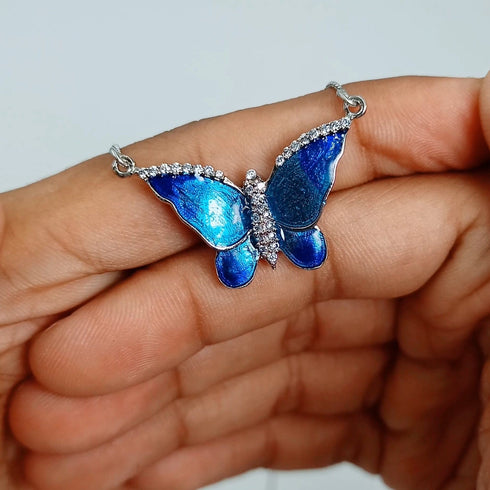 Sterling Silver Blue Butterfly Necklace For Girls And Women