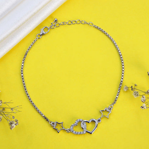 Zarkan 925 Silver Heart Link Star Charm Bracelet