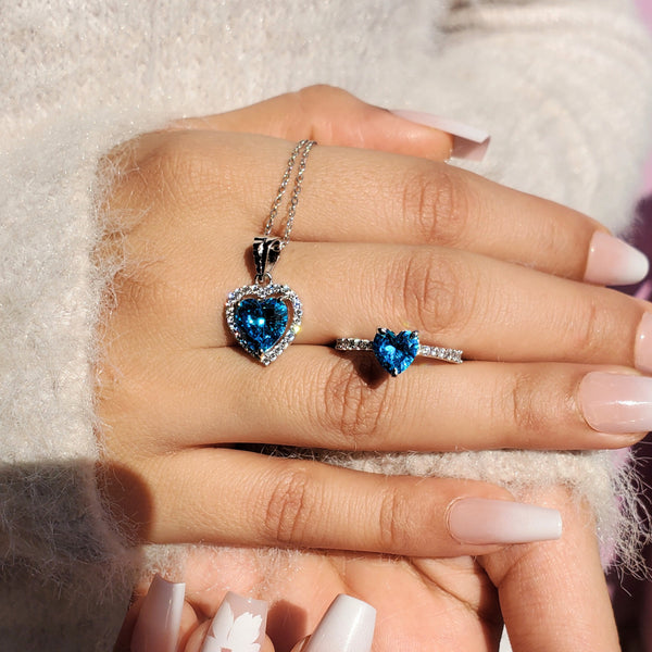 Hallmark Silver Premium Aqua Blue Heart Ring And Pendant Set