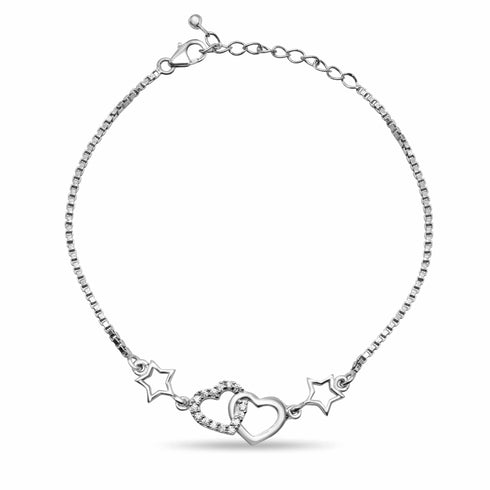 Zarkan 925 Silver Heart Link Star Charm Bracelet