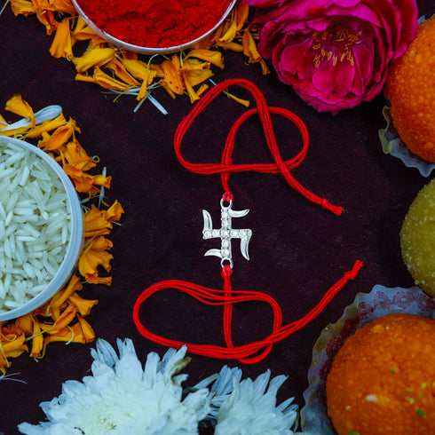 Zarkan Pure Silver 925 Swastik Rakhi With Roli Chawal