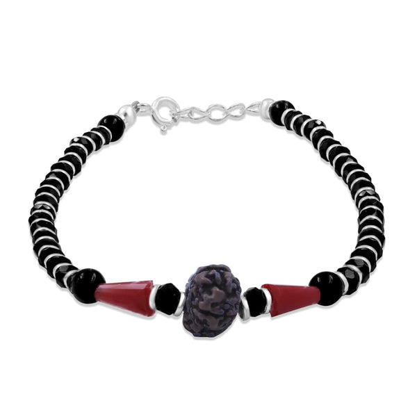 Zarkan 925 Silver Red Long Bead Nazariya Bracelet With Rudraksha
